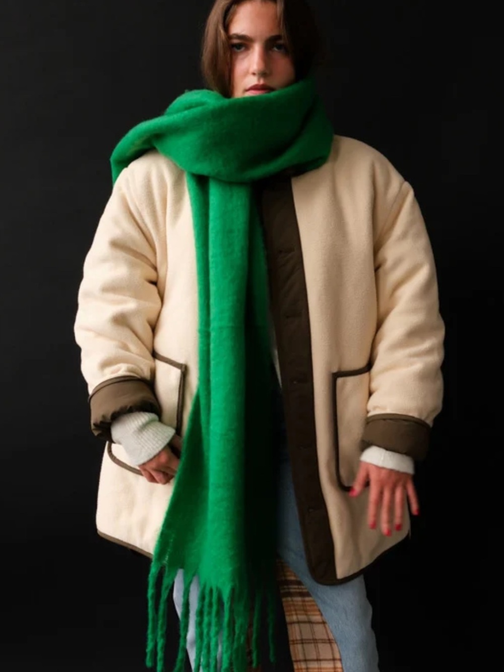 Cozy Oversized Fringe Scarf in Bright Green - Picture 4 of 10